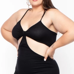 Blue Leopard Dresses Plus Size Rib Cutout Midi Dress - Black