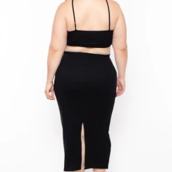 Blue Leopard Dresses Plus Size Rib Cutout Midi Dress - Black