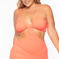 Blue Leopard Dresses Plus Size Rib Cutout Midi Dress - Coral