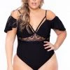 Bluebell Plus Size Short Sleeve Lace Inset Bodysuit - Black