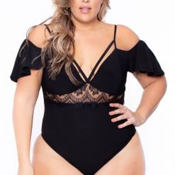 Bluebell Plus Size Short Sleeve Lace Inset Bodysuit - Black