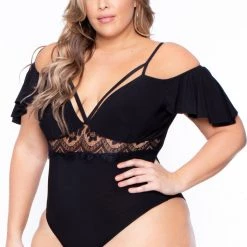 Bluebell Plus Size Short Sleeve Lace Inset Bodysuit - Black