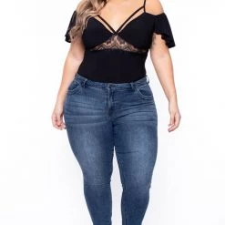 Bluebell Plus Size Short Sleeve Lace Inset Bodysuit - Black
