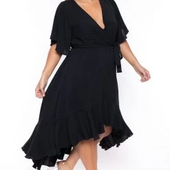 Bluebell Back In Stock Plus Size Tati Surplice Ruffle Dress - Black