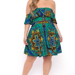 Bluebell Plus Size Victorian Print Frill Bodycon Dress - Blue/Teal