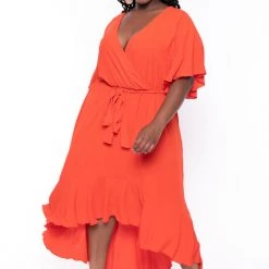 Bluebell New Arrivals Plus Size Tati Surplice Ruffle Dress - Tangerine