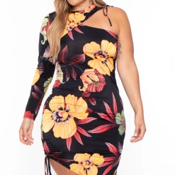 Bluebell Plus Size Cutout Floral Ruched Dress - Black Back In Stock