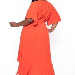 Bluebell New Arrivals Plus Size Tati Surplice Ruffle Dress - Tangerine