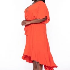 Bluebell New Arrivals Plus Size Tati Surplice Ruffle Dress - Tangerine