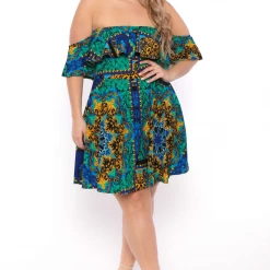 Bluebell Plus Size Victorian Print Frill Bodycon Dress - Blue/Teal