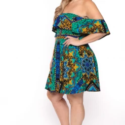 Bluebell Plus Size Victorian Print Frill Bodycon Dress - Blue/Teal