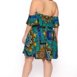 Bluebell Plus Size Victorian Print Frill Bodycon Dress - Blue/Teal