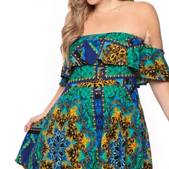 Bluebell Plus Size Victorian Print Frill Bodycon Dress - Blue/Teal