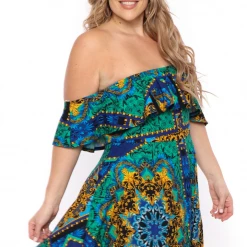 Bluebell Plus Size Victorian Print Frill Bodycon Dress - Blue/Teal