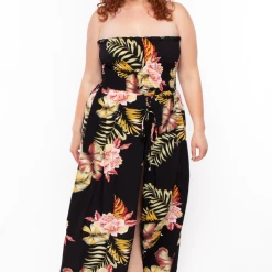 Bluebell Party Jumpsuilts Plus Size Floral Smocked Strapless Romper - Black