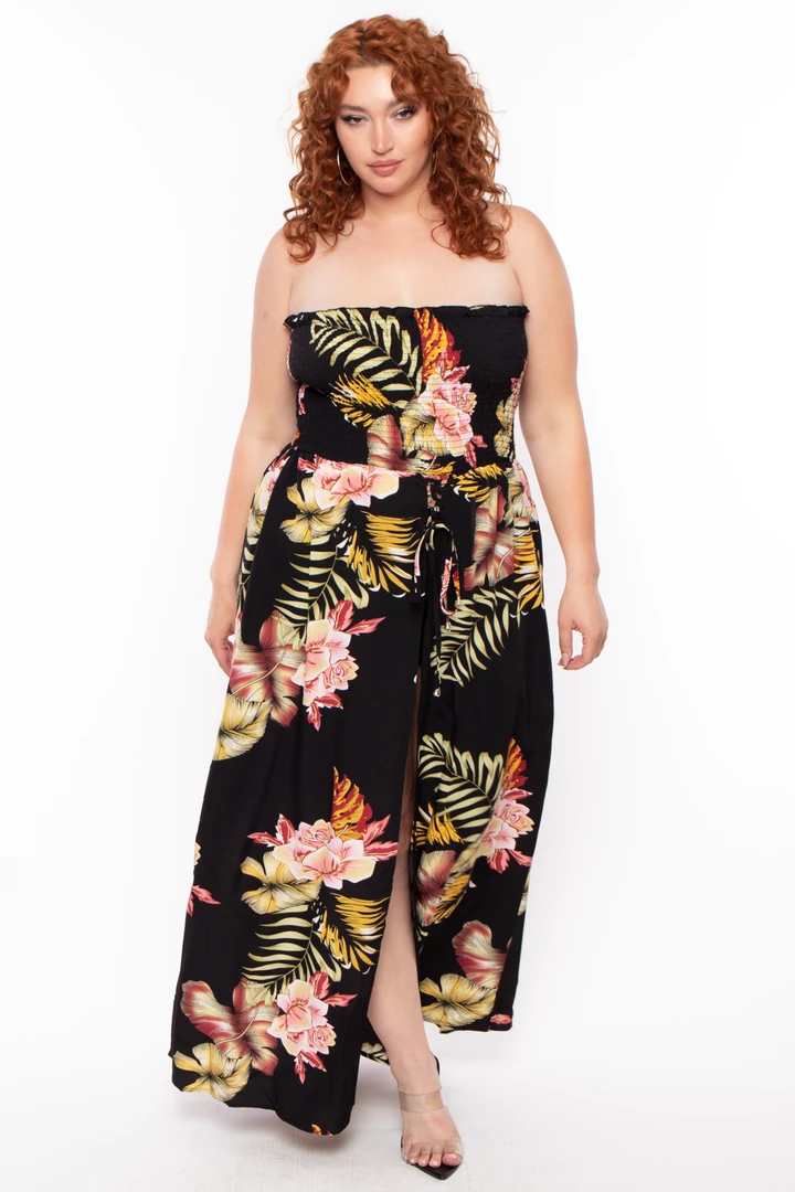 Bluebell Party Jumpsuilts Plus Size Floral Smocked Strapless Romper - Black 3 Bluebell Party Jumpsuilts Plus Size Floral Smocked Strapless Romper - Black