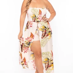 Bluebell Back In Stock Plus Size Floral Smocked Strapless Romper - Ivory