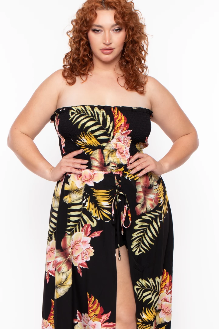 Bluebell Party Jumpsuilts Plus Size Floral Smocked Strapless Romper - Black 5 Bluebell Party Jumpsuilts Plus Size Floral Smocked Strapless Romper - Black