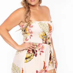 Bluebell Back In Stock Plus Size Floral Smocked Strapless Romper - Ivory