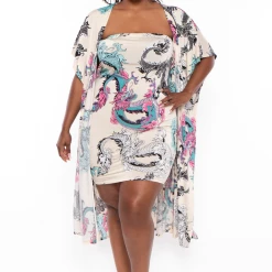 Bluebell Plus Size Dragon Kimono And Dress Set - Taupe Matching Sets