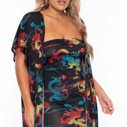 Bluebell Matching Sets Plus Size Dragon Kimono And Dress Set - Black