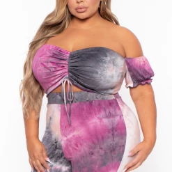 Bluebell Plus Size Tie Dye Top & Bell Bottom Pant Set - Purple