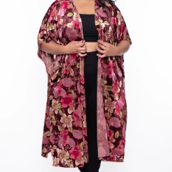 Bluebell Tops Plus Size Floral Mesh Burn Out Kimono - Burgundy