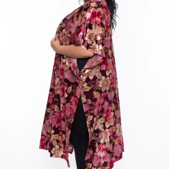 Bluebell Tops Plus Size Floral Mesh Burn Out Kimono - Burgundy