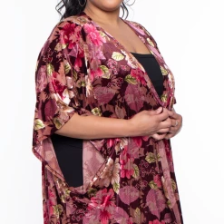 Bluebell Tops Plus Size Floral Mesh Burn Out Kimono - Burgundy