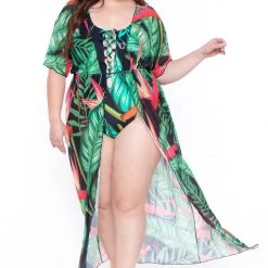 CACELIN Plus Size Maui Palm Swimsuit Set- Black