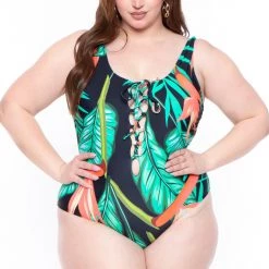 CACELIN Plus Size Maui Palm Swimsuit Set- Black