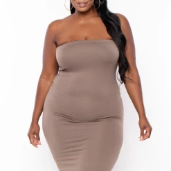 Capella Plus Size Elsie Basic Tube Midi Dress - Taupe