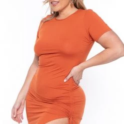 Capella Plus Size Josie Ruched Bodycon Dress- Orange Dresses