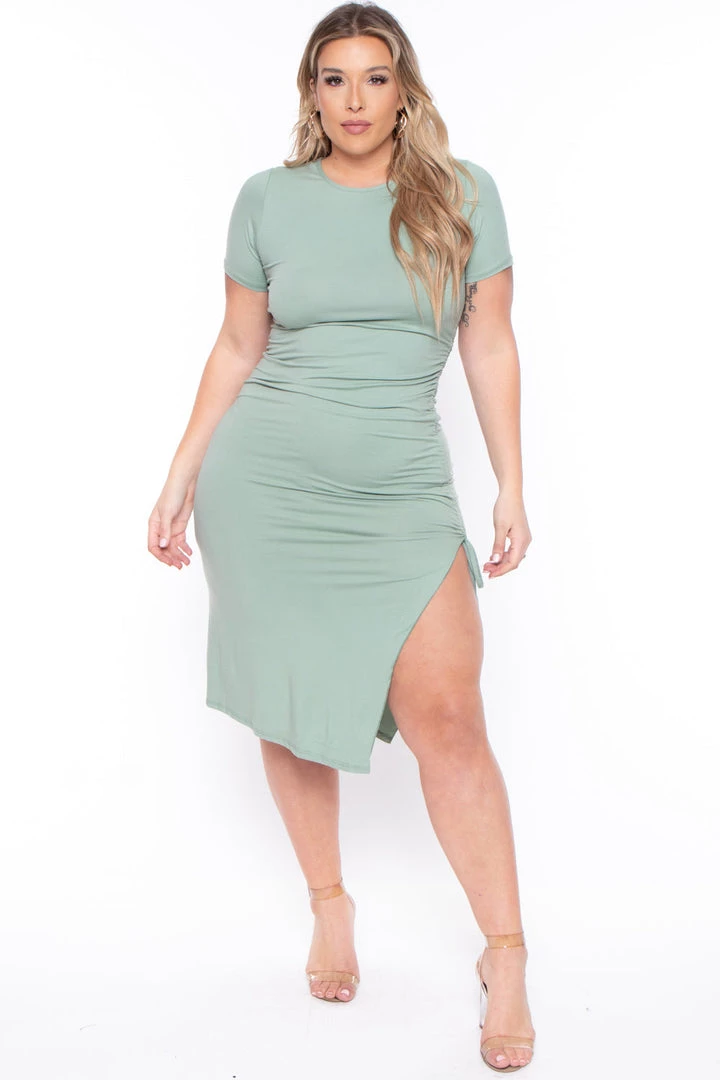 Capella Plus Size Josie Ruched Bodycon Dress- Sage 3 Capella Plus Size Josie Ruched Bodycon Dress- Sage