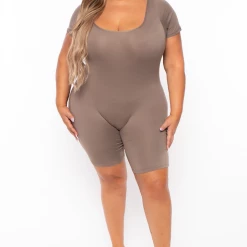 Capella Plus Size Martha Basic Romper - Taupe Party Jumpsuilts