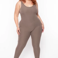 Capella Plus Size Rib Tank Essential Catsuit - Taupe