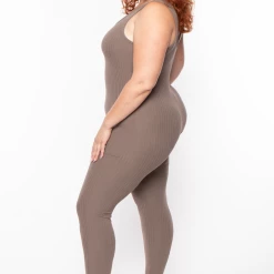 Capella Plus Size Rib Tank Essential Catsuit - Taupe
