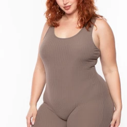 Capella Plus Size Rib Tank Essential Catsuit - Taupe
