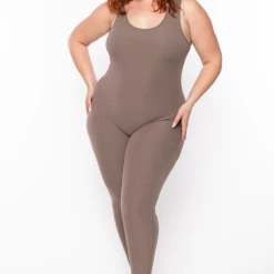 Capella Plus Size Rib Tank Essential Catsuit - Taupe