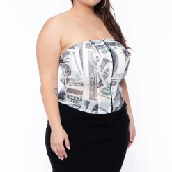 Carmin Plus Size Bill Print Mesh Bustier - Ivory