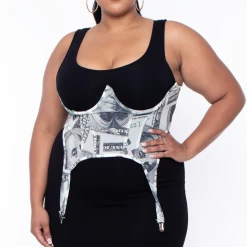 Carmin Plus Size Underbust Bill Print Mesh Bustier - Ivory