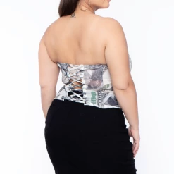Carmin Plus Size Bill Print Mesh Bustier - Ivory