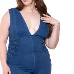 Cest Toi Plus Size Snatched Denim Jumpsuit- Dark Wash Party Jumpsuilts