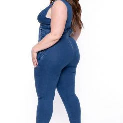Cest Toi Plus Size Snatched Denim Jumpsuit- Dark Wash Party Jumpsuilts