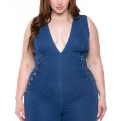 Cest Toi Plus Size Snatched Denim Jumpsuit- Dark Wash Party Jumpsuilts