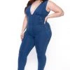 Cest Toi Plus Size Snatched Denim Jumpsuit- Dark Wash Party Jumpsuilts