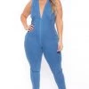 Cest Toi Plus Size Snatched Denim Jumpsuit- Medium Wash Party Jumpsuilts