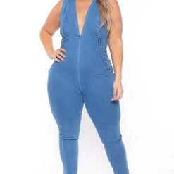 Cest Toi Plus Size Snatched Denim Jumpsuit- Medium Wash Party Jumpsuilts