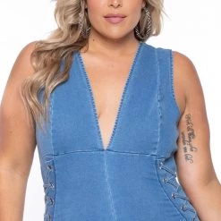 Cest Toi Plus Size Snatched Denim Jumpsuit- Medium Wash Party Jumpsuilts