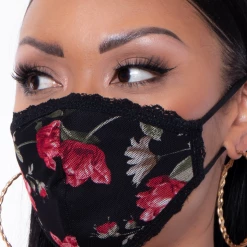 Curvy Sense Washable 3-Layer Lace-Trimmed Rose Mesh Face Mask -Black Face Masks
